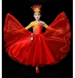 Red Flowers Flamenco Dresses for girls kids Spanish Bull Dance performance costumes school students choir performance Skirts for children